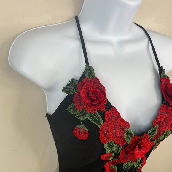 Vintage 90s Vampy Slip Dress Small 3D Floral Gothic Rose Bodycon Party Cocktail - Picture 8 of 11